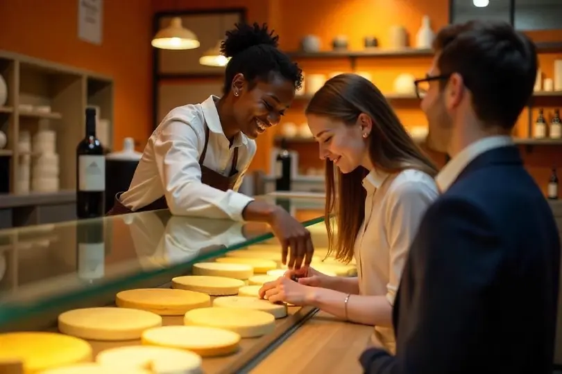 A friendly shopkeeper helping customers choose cheese