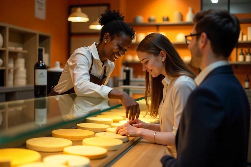 A friendly shopkeeper helping customers choose cheese